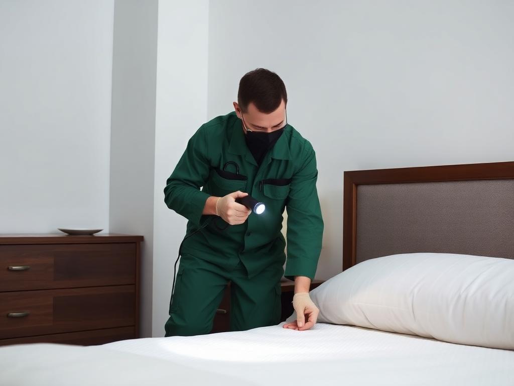 Technician performing a discreet bed bug inspection of a mattress seam in a bedroom