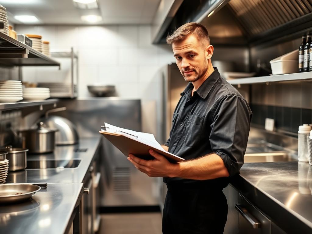 Pest control professional inspecting a commercial kitchen with a clipboard