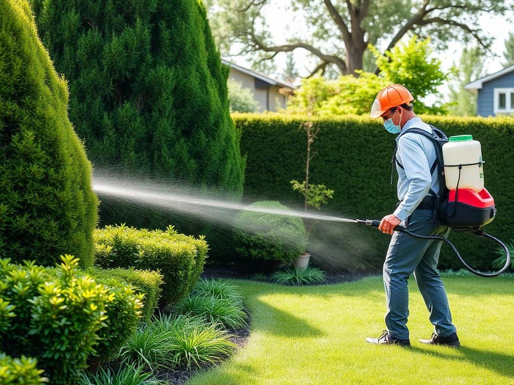 Technician mist-treating shrubs and lawn edges for mosquito and tick reduction