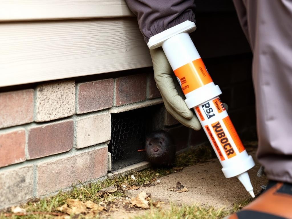 Technician sealing a rodent entry gap at the base of a home's exterior brickwork