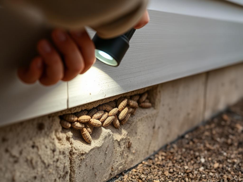Inspector shining a flashlight on termite damage along a home's foundation and sill plate